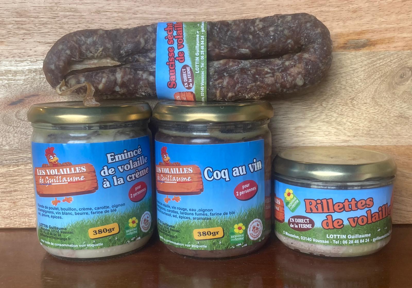 Panier garni : rillette + saucisse sèche + émincé de volailles + coq au vib