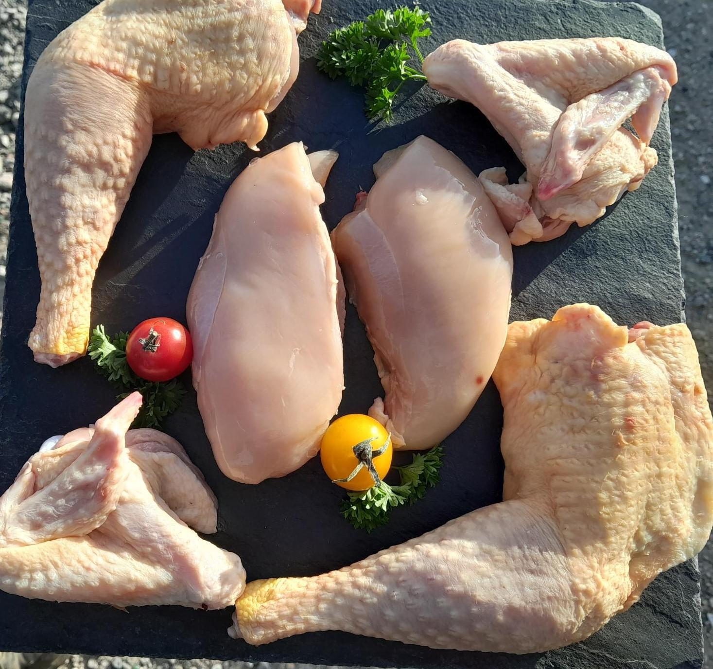 Poulet découpé en 6 (2 filets, 2 cuisses, 2 ailes)